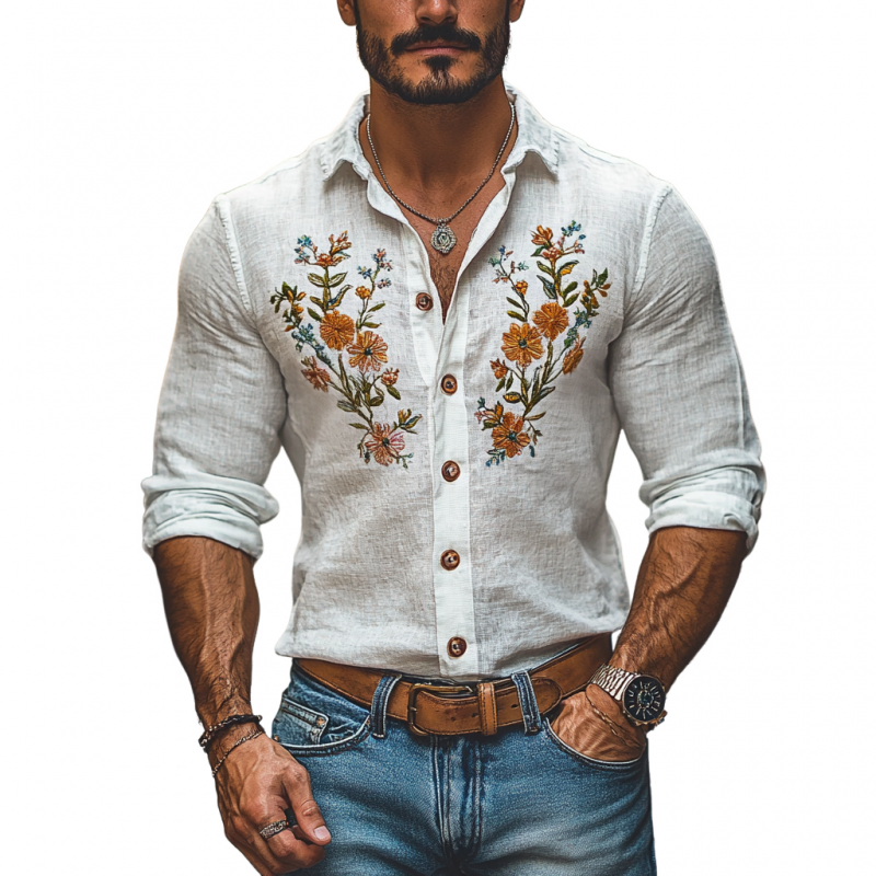 Men's Casual Linen Embroidered Lapel Slim Fit Long Sleeve Shirt 63864208M