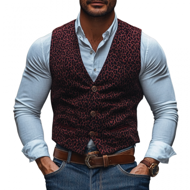 Vintage leopard V-hals for menn, enkel-breasted slim fit dressvest 28170058M