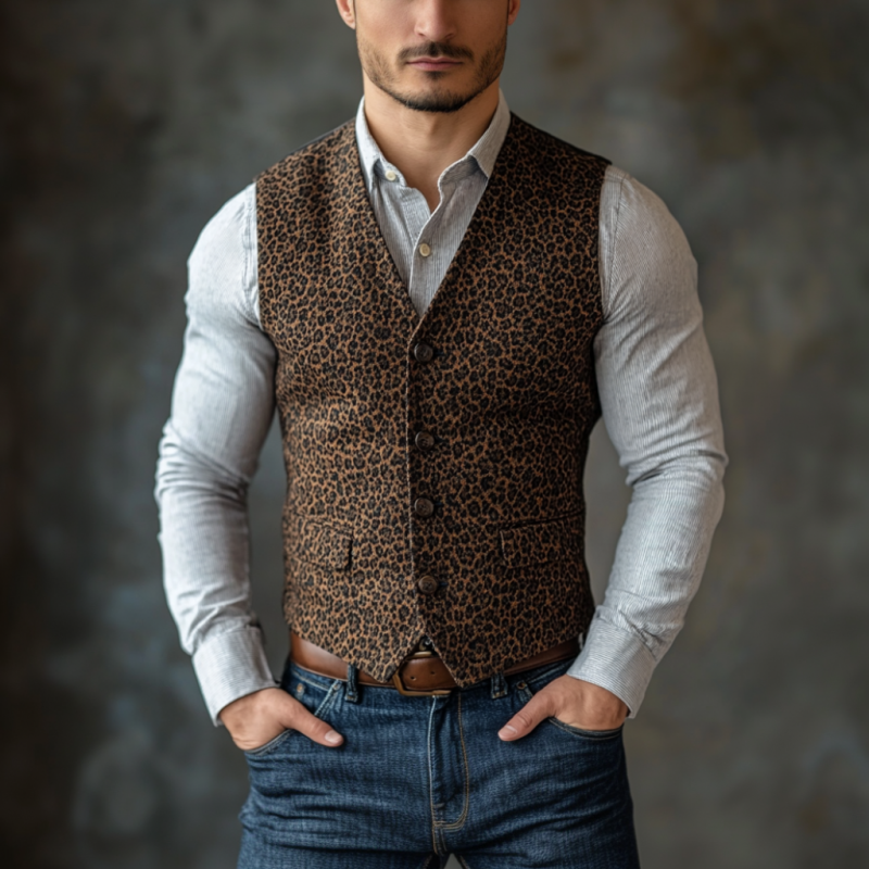 Vintage leopard V-hals, enkel-breasted Slim Fit dressvest for menn 37020568M