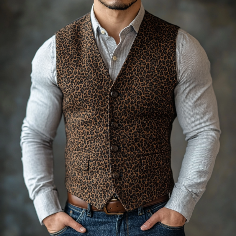 Vintage leopard V-hals, enkel-breasted Slim Fit dressvest for menn 37020568M