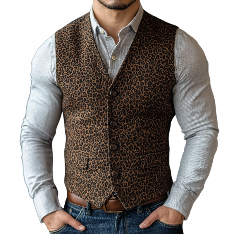 Vintage leopard V-hals, enkel-breasted Slim Fit dressvest for menn 37020568M