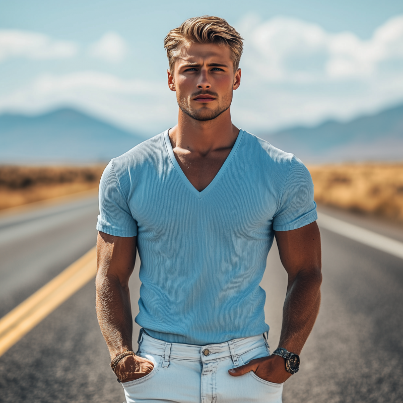 Men's Classic Spring and Summer Casual Skin-friendly Slim Fit Deep V-neck T-shirt 88020262K