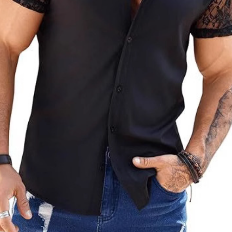 Men's Casual Lace Patchwork Lapel Slim Short Sleeve Shirt 51587591M