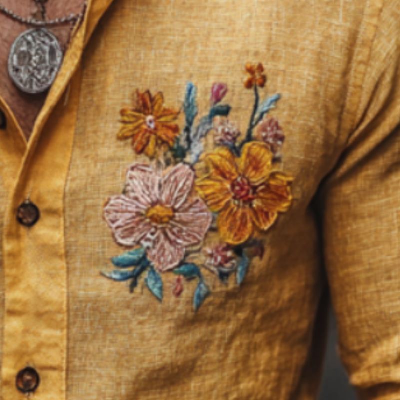 Men's Casual Linen Lapel Floral Embroidery Slim Fit Long Sleeve Shirt 04447176M