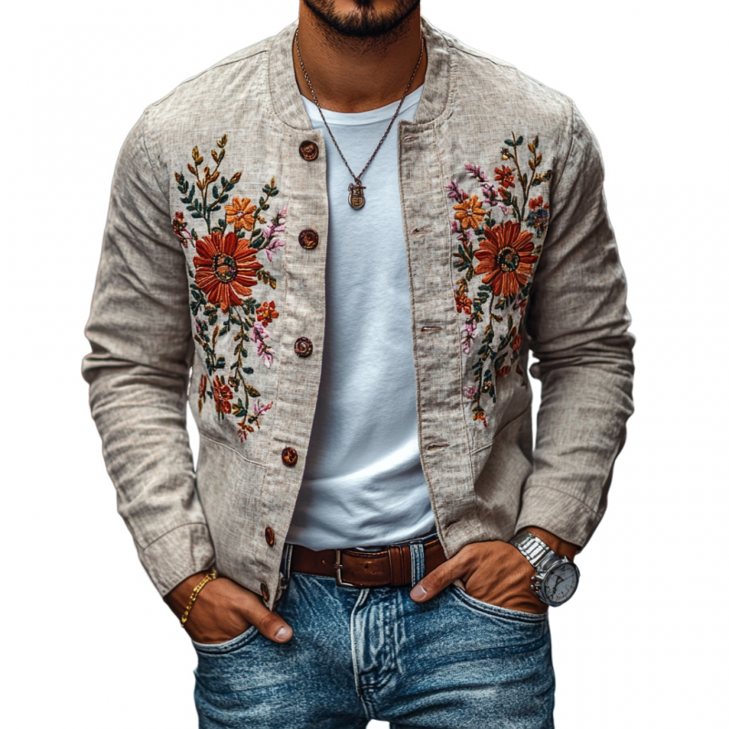 Men's Casual Linen Embroidered Stand Collar Single Breasted Jacket 19388004M