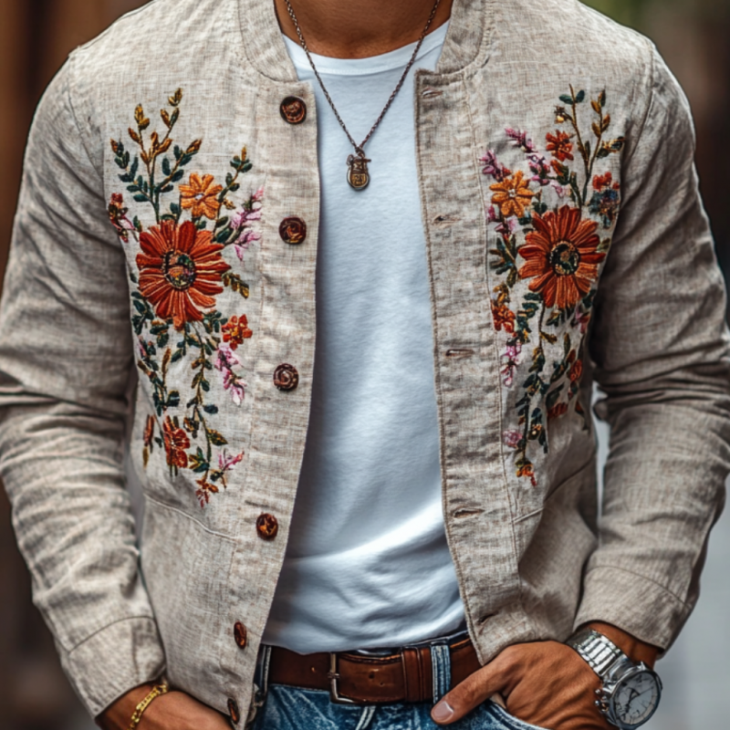 Men's Casual Linen Embroidered Stand Collar Single Breasted Jacket 19388004M