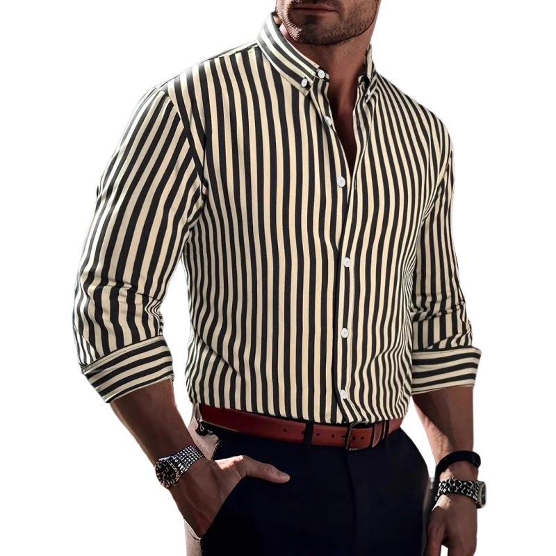 Men's Casual Striped Cotton Lapel Slim Fit Long Sleeve Shirt 00759451M