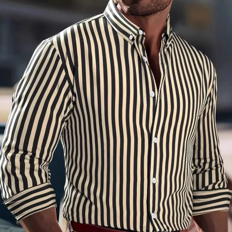 Men's Casual Striped Cotton Lapel Slim Fit Long Sleeve Shirt 00759451M