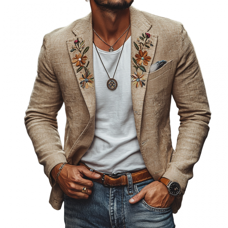 Men's Casual Linen Notch Lapel Embroidered Slim Fit Single-breasted Blazer 50636954M