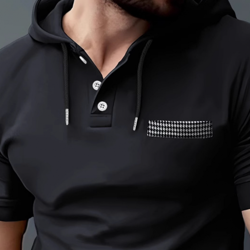 Men's Casual Cotton Patchwork Houndstooth Slim Fit Short Sleeve Hoodie 03675767M