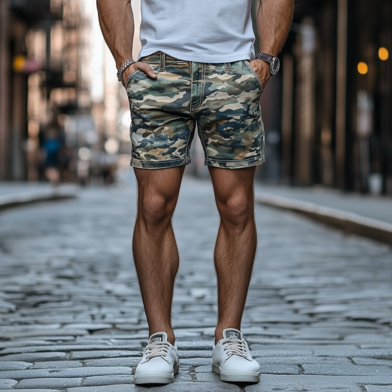 Klassiske, uformelle, vaskede denim kamuflasjeshorts for menn 90922360K