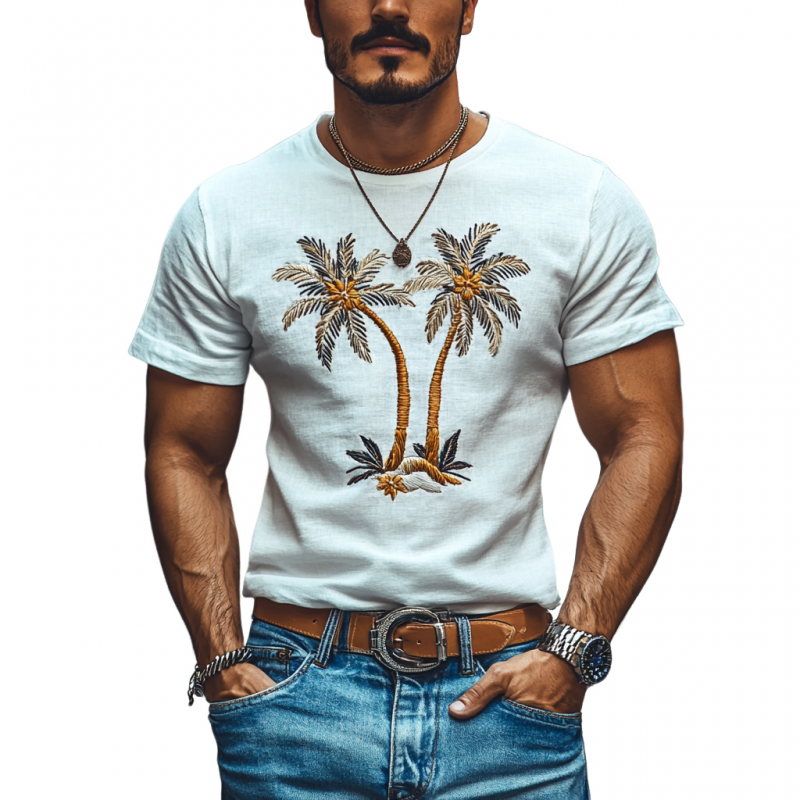 Men's Casual Coconut Tree Embroidery Cotton Round Neck Slim Short Sleeve T-Shirt 99492879M