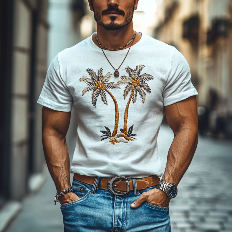 Men's Casual Coconut Tree Embroidery Cotton Round Neck Slim Short Sleeve T-Shirt 99492879M