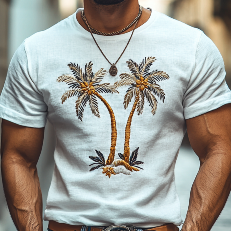 Men's Casual Coconut Tree Embroidery Cotton Round Neck Slim Short Sleeve T-Shirt 99492879M