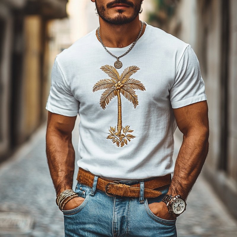 Men's Casual Coconut Tree Embroidery Cotton Round Neck Slim Short Sleeve T-Shirt 90681482M