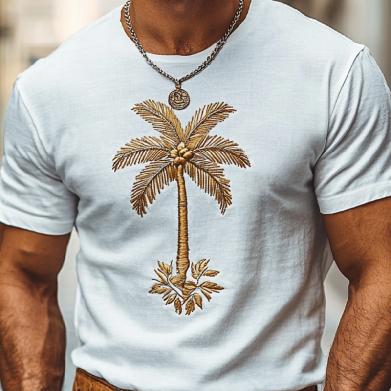 Men's Casual Coconut Tree Embroidery Cotton Round Neck Slim Short Sleeve T-Shirt 90681482M