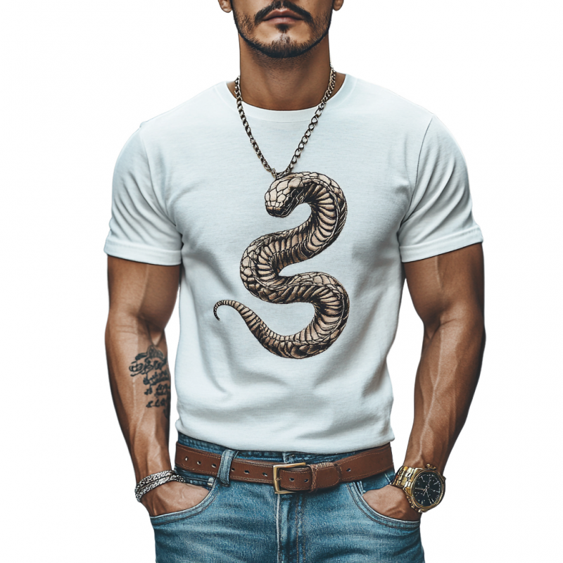 Men's Casual Snake Embroidery Cotton Round Neck Slim Fit Short Sleeve T-Shirt 63649540M