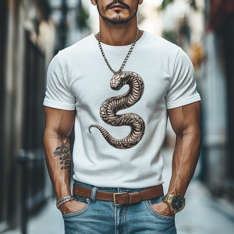 Men's Casual Snake Embroidery Cotton Round Neck Slim Fit Short Sleeve T-Shirt 63649540M