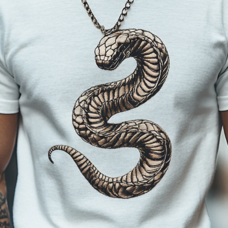 Men's Casual Snake Embroidery Cotton Round Neck Slim Fit Short Sleeve T-Shirt 63649540M