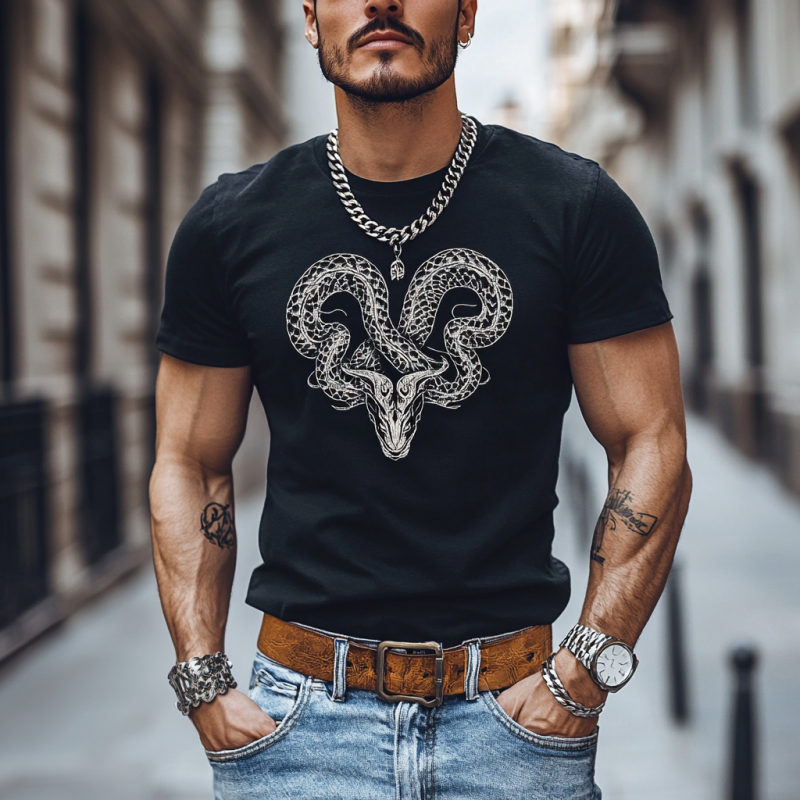 Men's Casual Snake Embroidery Cotton Round Neck Slim Fit Short Sleeve T-shirt 30015932M