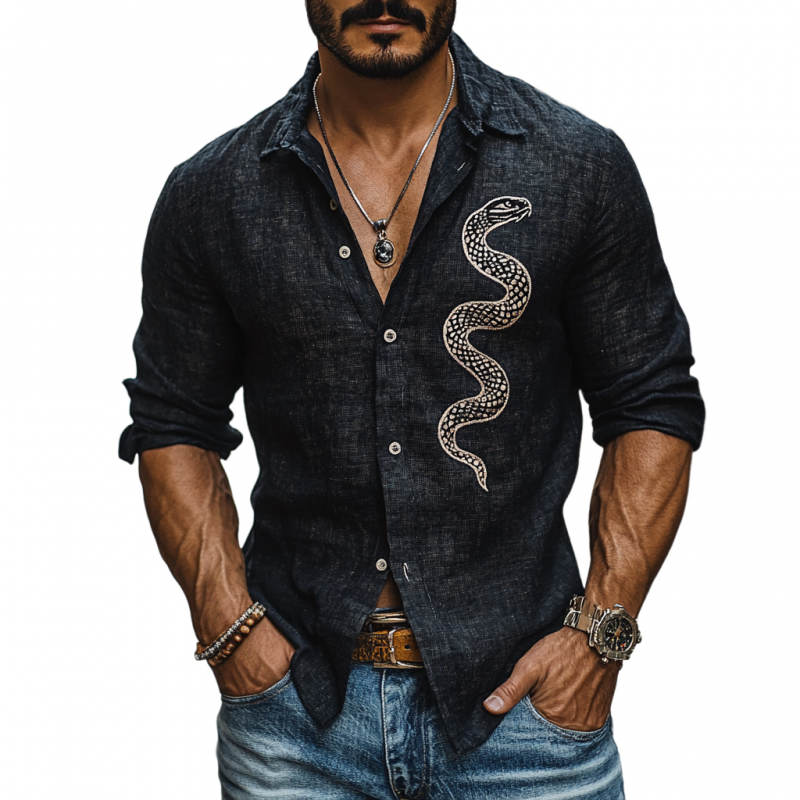 Men's Casual Snake Embroidery Linen Lapel Slim Fit Long Sleeve Shirt 67816597M