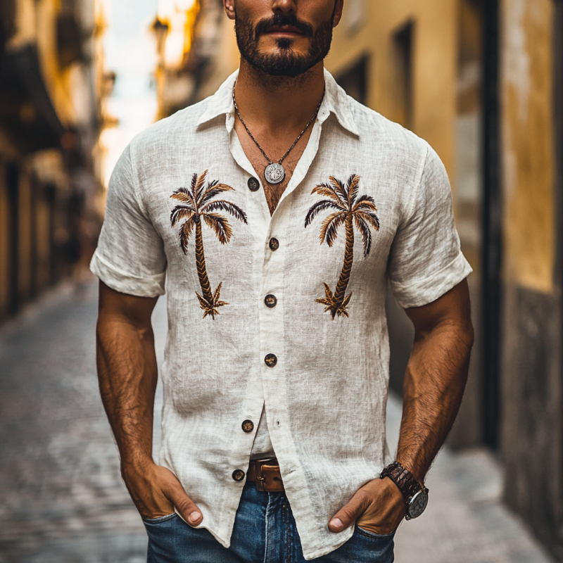 Men's Casual Coconut Tree Embroidery Linen Lapel Slim Fit Short Sleeve Shirt 48957786M