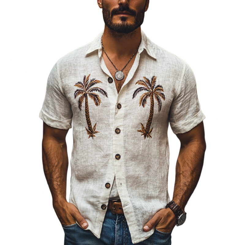 Men's Casual Coconut Tree Embroidery Linen Lapel Slim Fit Short Sleeve Shirt 48957786M