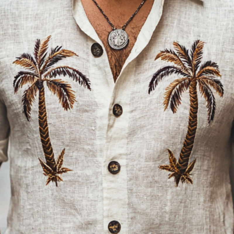 Men's Casual Coconut Tree Embroidery Linen Lapel Slim Fit Short Sleeve Shirt 48957786M