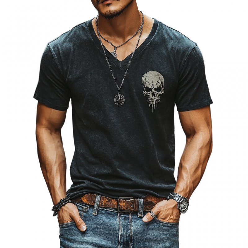 Men's Casual Cotton V-Neck Skull Print Slim Fit Short Sleeve T-Shirt 75204219M