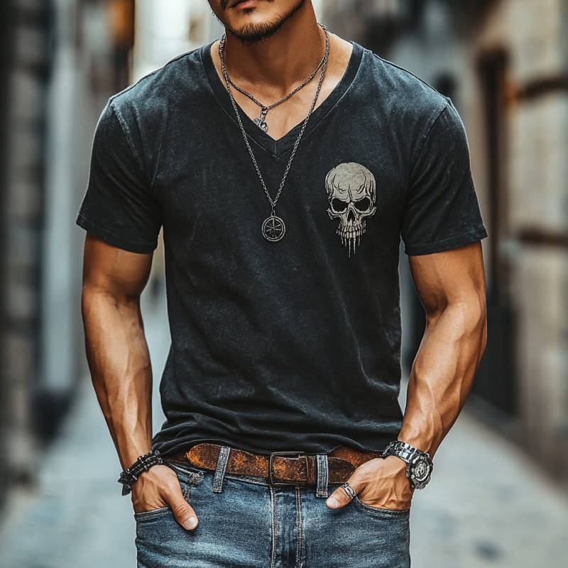 Men's Casual Cotton V-Neck Skull Print Slim Fit Short Sleeve T-Shirt 75204219M