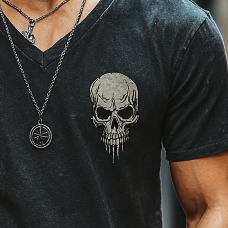 Men's Casual Cotton V-Neck Skull Print Slim Fit Short Sleeve T-Shirt 75204219M