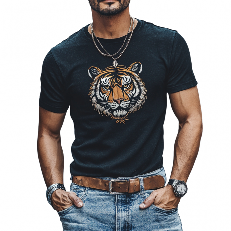 Men's Casual Cotton Tiger Embroidery Round Neck Slim Fit Short Sleeve T-Shirt 02641781M