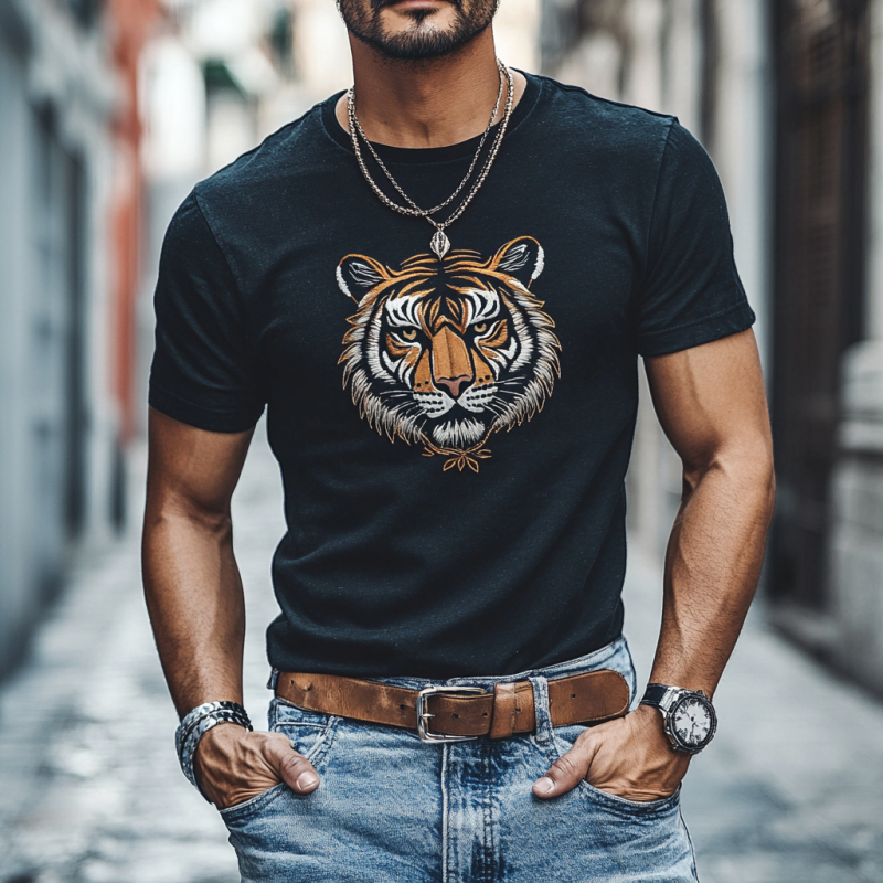 Men's Casual Cotton Tiger Embroidery Round Neck Slim Fit Short Sleeve T-Shirt 02641781M