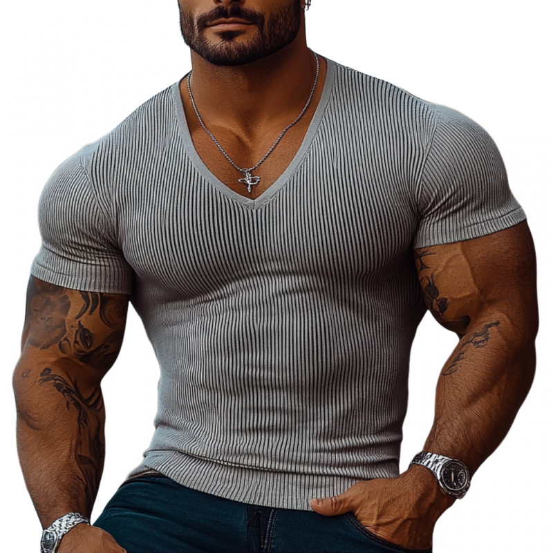 Men's Casual Rib Stripe V-neck Tight Short Sleeve T-shirt 17027891M