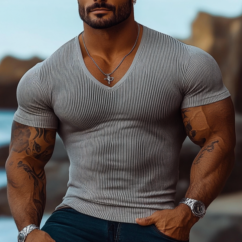 Men's Casual Rib Stripe V-neck Tight Short Sleeve T-shirt 17027891M