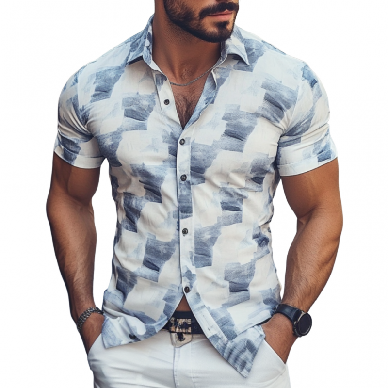 Men's Casual Geometric Print Lapel Slim Fit Short Sleeve Shirt 27912863M