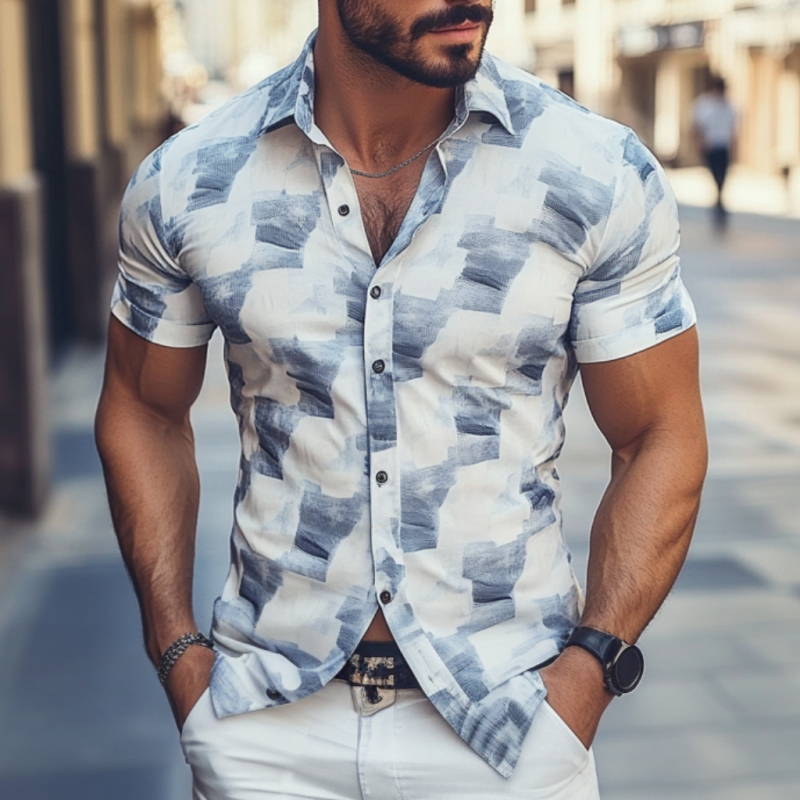 Men's Casual Geometric Print Lapel Slim Fit Short Sleeve Shirt 27912863M