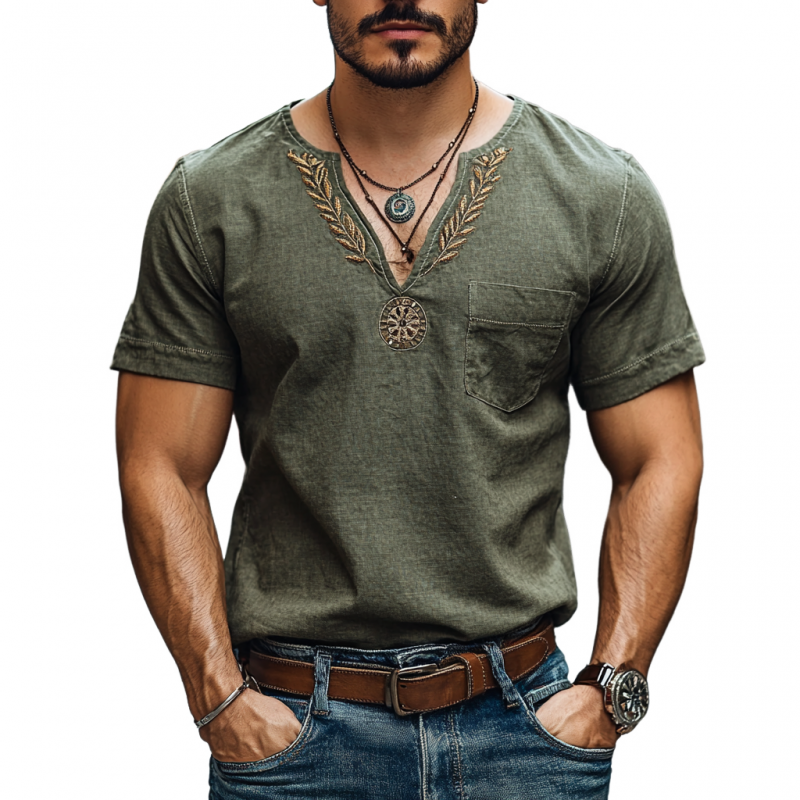 Men's Casual Cotton Linen V-neck Embroidered Patch Pocket Short-sleeved T-shirt 61851322M