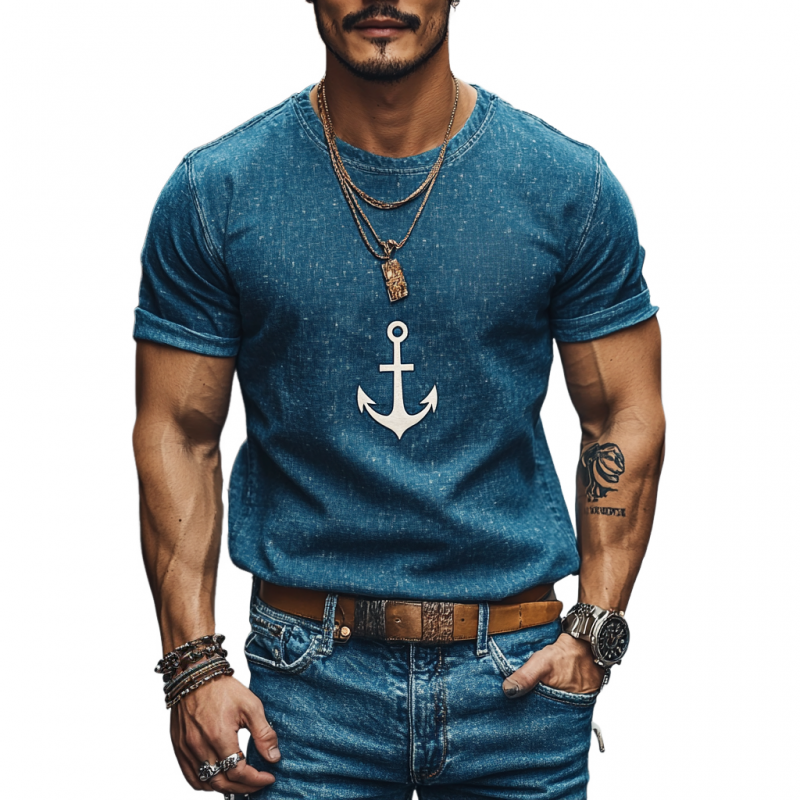 Men's Casual Denim Anchor Print Round Neck Slim Fit Short Sleeve T-shirt 30070881M