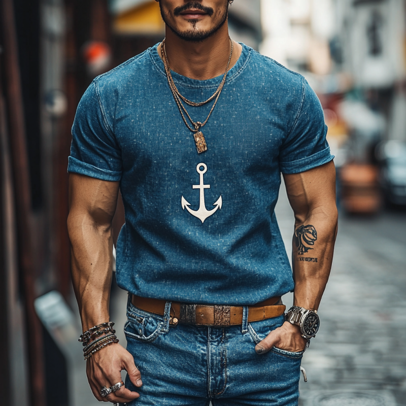 Men's Casual Denim Anchor Print Round Neck Slim Fit Short Sleeve T-shirt 30070881M