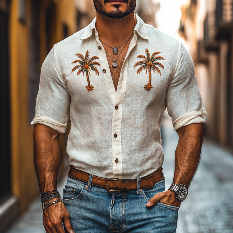 Men's Casual Linen Coconut Tree Embroidery Lapel Slim Fit Long Sleeve Shirt 05962653M