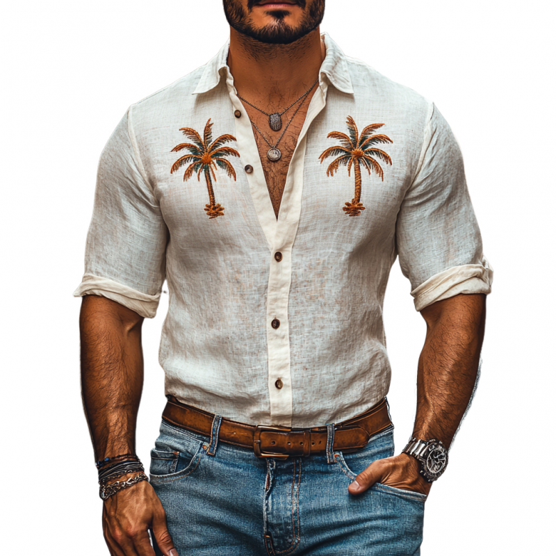 Men's Casual Linen Coconut Tree Embroidery Lapel Slim Fit Long Sleeve Shirt 05962653M