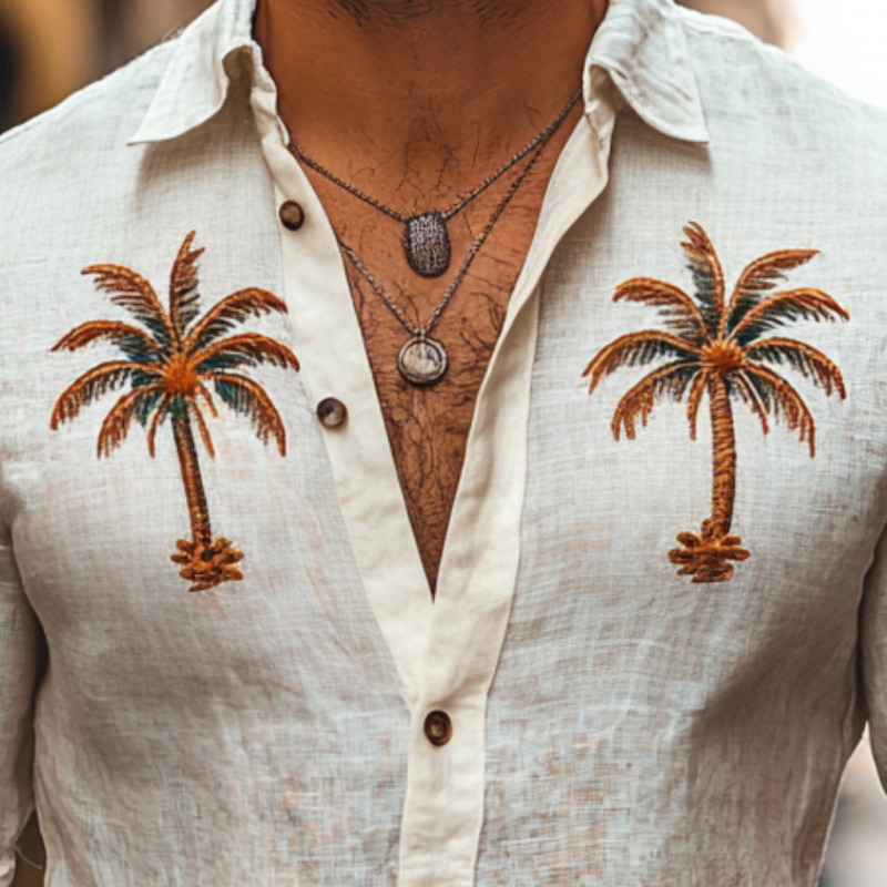 Men's Casual Linen Coconut Tree Embroidery Lapel Slim Fit Long Sleeve Shirt 05962653M