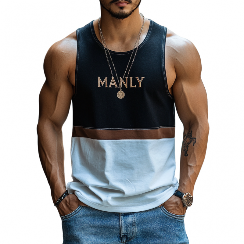 Men's Casual Contrast Cotton Patchwork Letter Embroidered Slim Fit Tank Top 47542790M