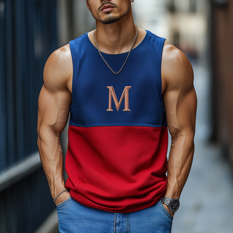 Men's Casual Contrast Cotton Patchwork Letter Embroidered Slim Fit Tank Top 02804815M