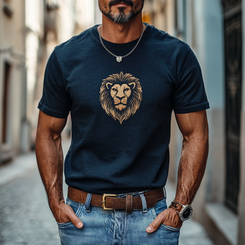 Men's Casual Cotton Lion Embroidery Round Neck Slim Fit Short Sleeve T-Shirt 49729793M