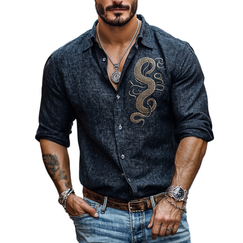 Men's Casual Linen Snake Embroidery Lapel Slim Fit Long Sleeve Shirt 34086914M