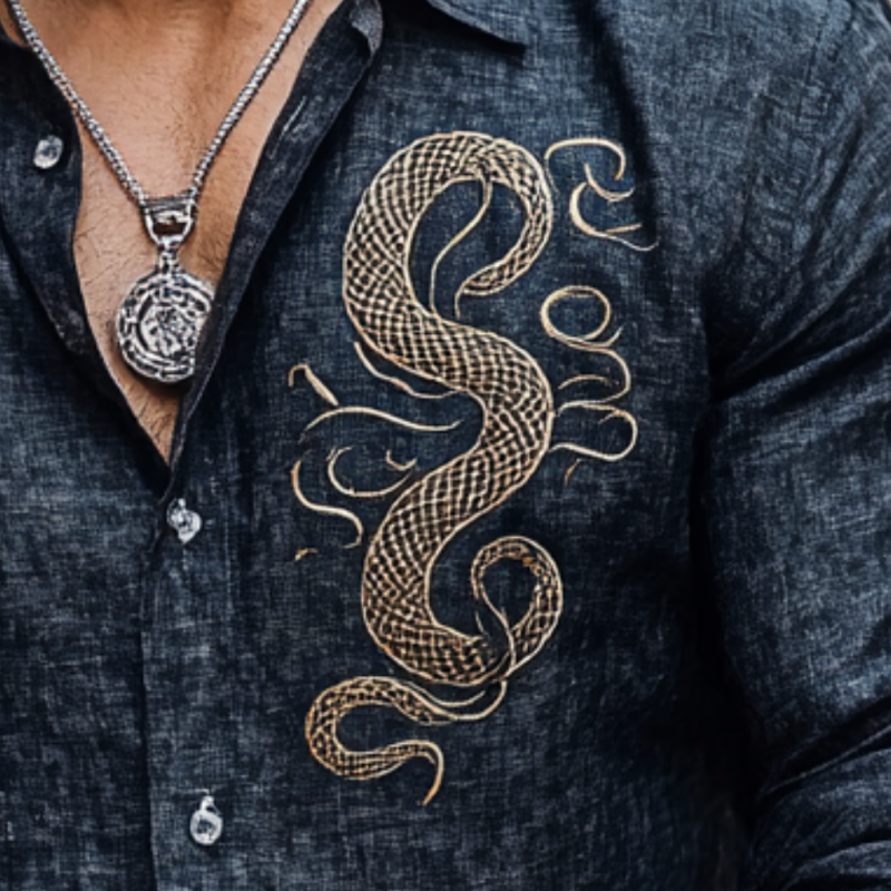 Men's Casual Linen Snake Embroidery Lapel Slim Fit Long Sleeve Shirt 34086914M