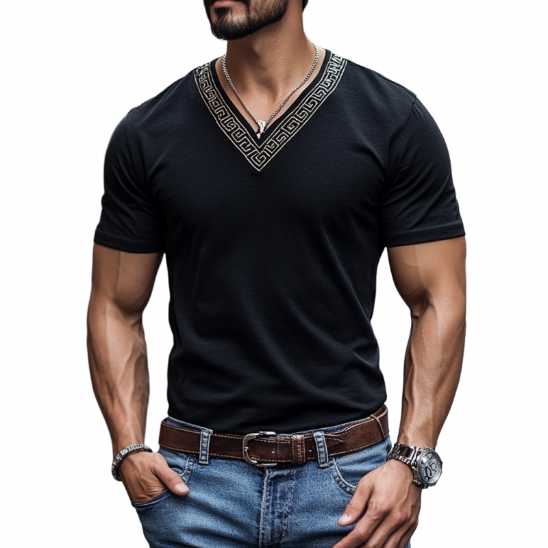 Men's Casual Cotton V-Neck Embroidered Slim Fit Short Sleeve T-Shirt 30891902M