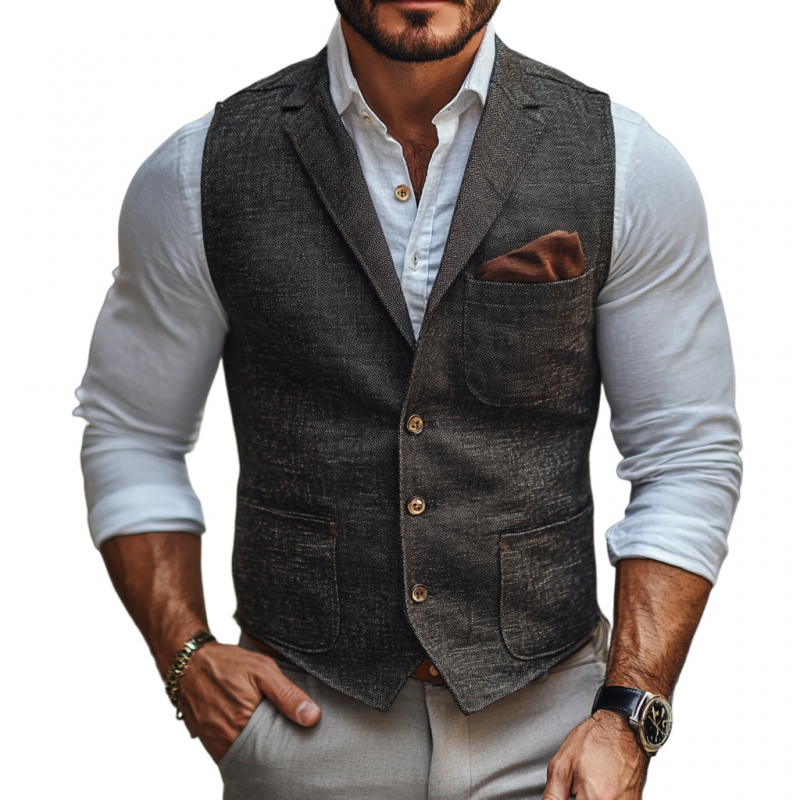 Men's Casual Linen Notch Lapel Single-breasted Slim-fit Suit Vest 61910416M